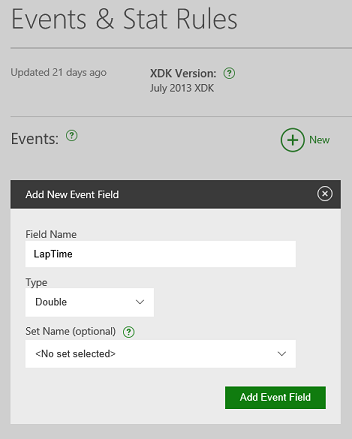 Partner Center の Add New Event Field ダイアログのスクリーンショット。