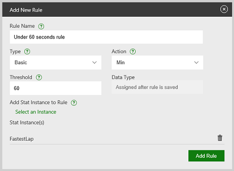 Partner Center の実績の Add New Rule ダイアログのスクリーンショット。