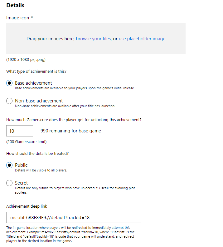 Captura de pantalla de la interfaz de usuario de detalles en Partner Center para configurar un nuevo logro.