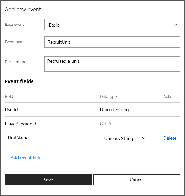Capture d'écran de la boîte de dialogue Add new event avec un nouvel événement de base Basic dans Partner Center.