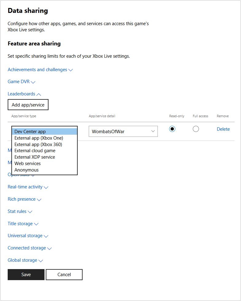 "Feature area sharing" 页面，带有 "Add app or service" UI