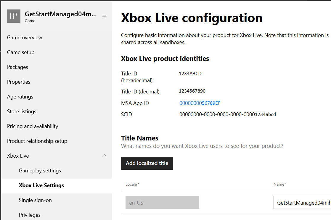 Partner Center의 XBOX Live configuration에 표시된 SCID