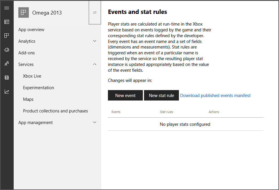 Capture d'écran de la page Events and stat rules dans Partner Center.