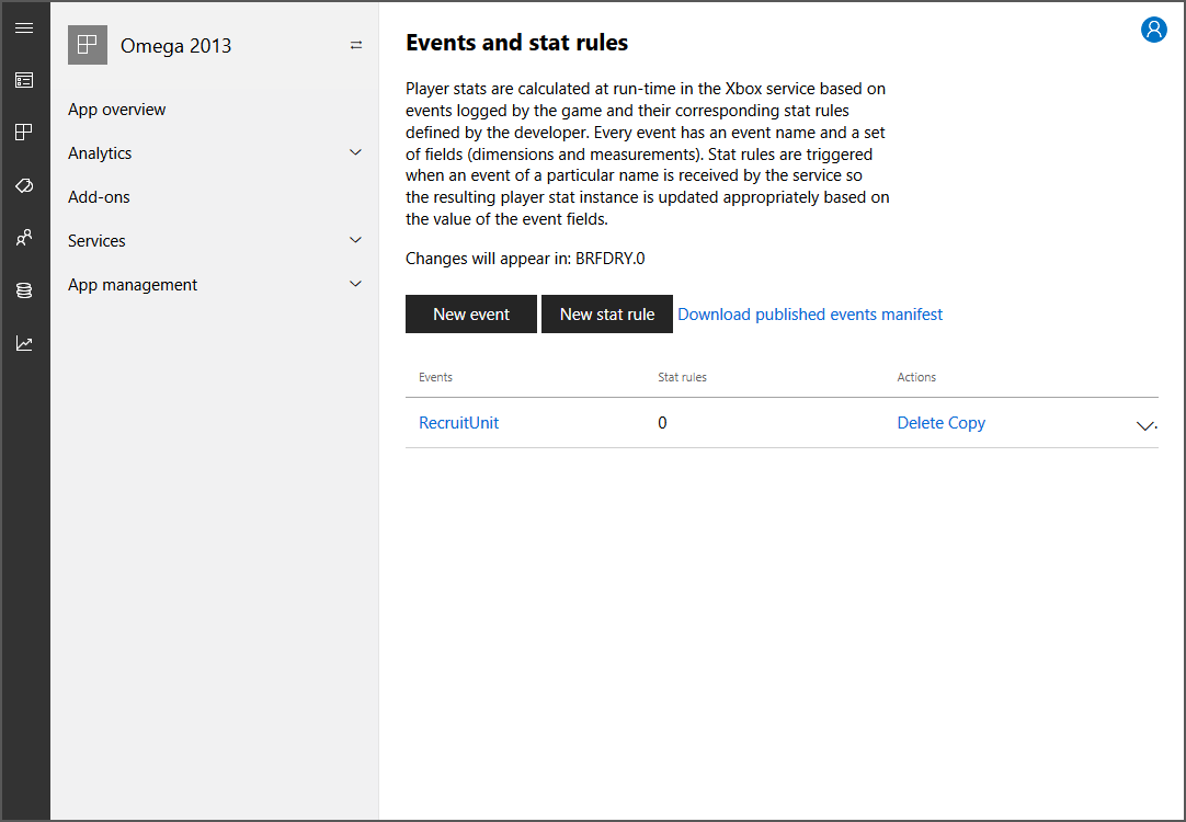 Capture d'écran de la page Events and stat rules avec l'événement RecruitUnit ajouté dans Partner Center.