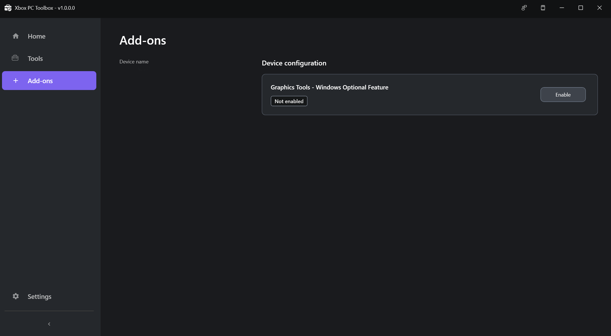 Pantalla de administración de complementos en XBOX PC Toolbox