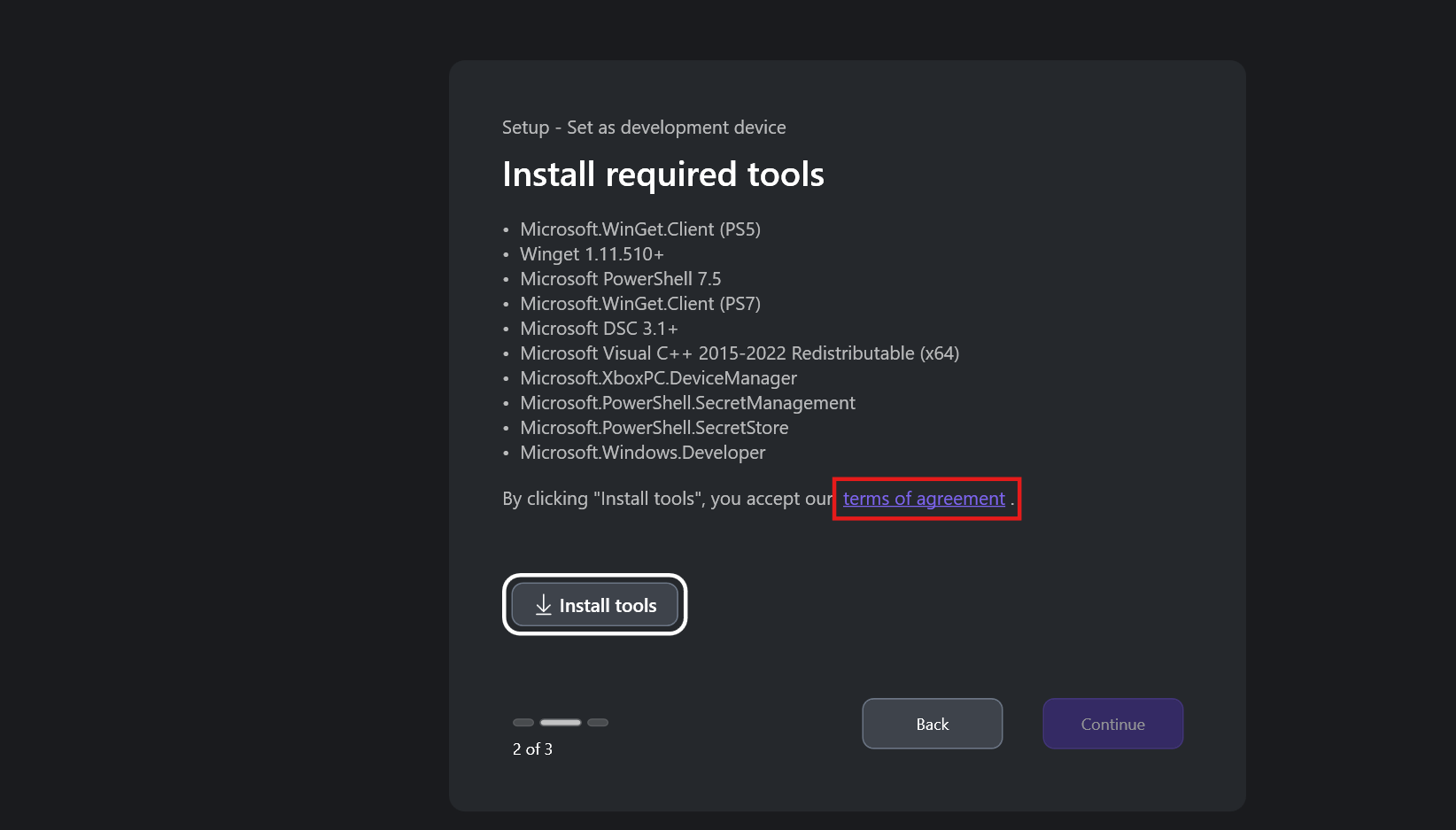 Pantalla de instalación de requisitos previos de la configuración de la aplicación XBOX PC Toolbox