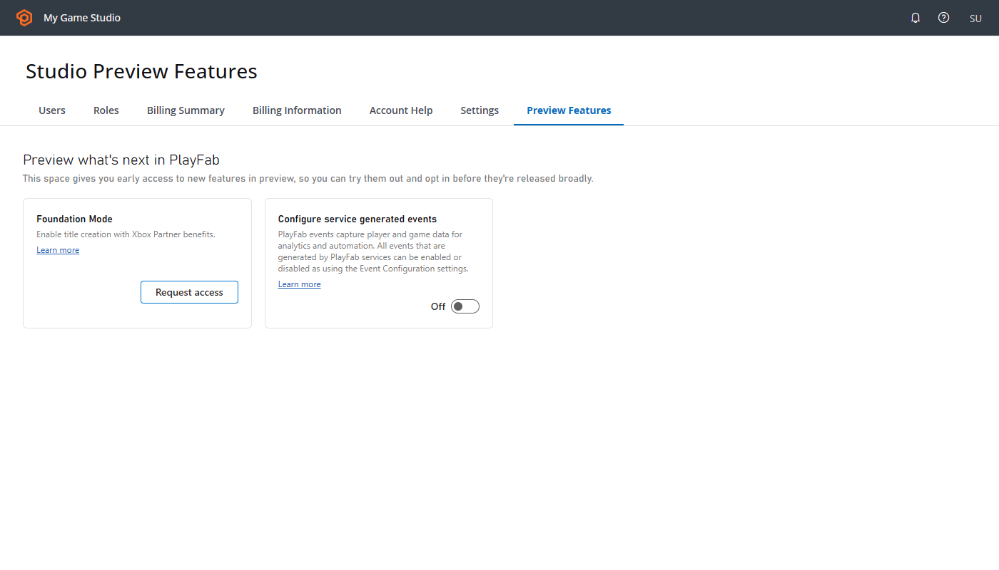Captura de pantalla de la página Studio Settings con la pestaña Preview Features seleccionada, que muestra el modo Foundation.