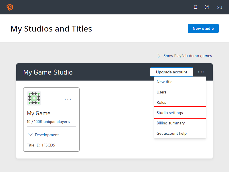 Capture d'écran de la page Mes studios de Game Manager montrant le menu à trois points d'un studio avec l'option Paramètres du studio mise en évidence.