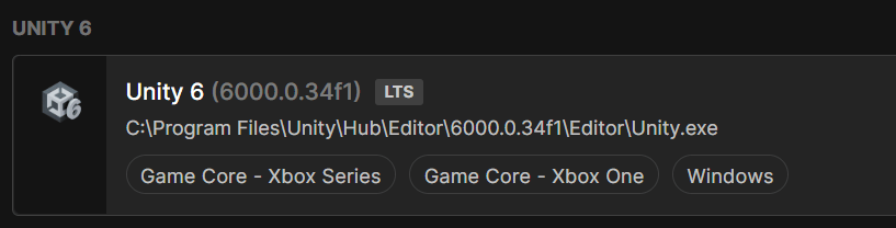 Version Unity 6 de l'Unity Editor avec les deux modules complémentaires installés.