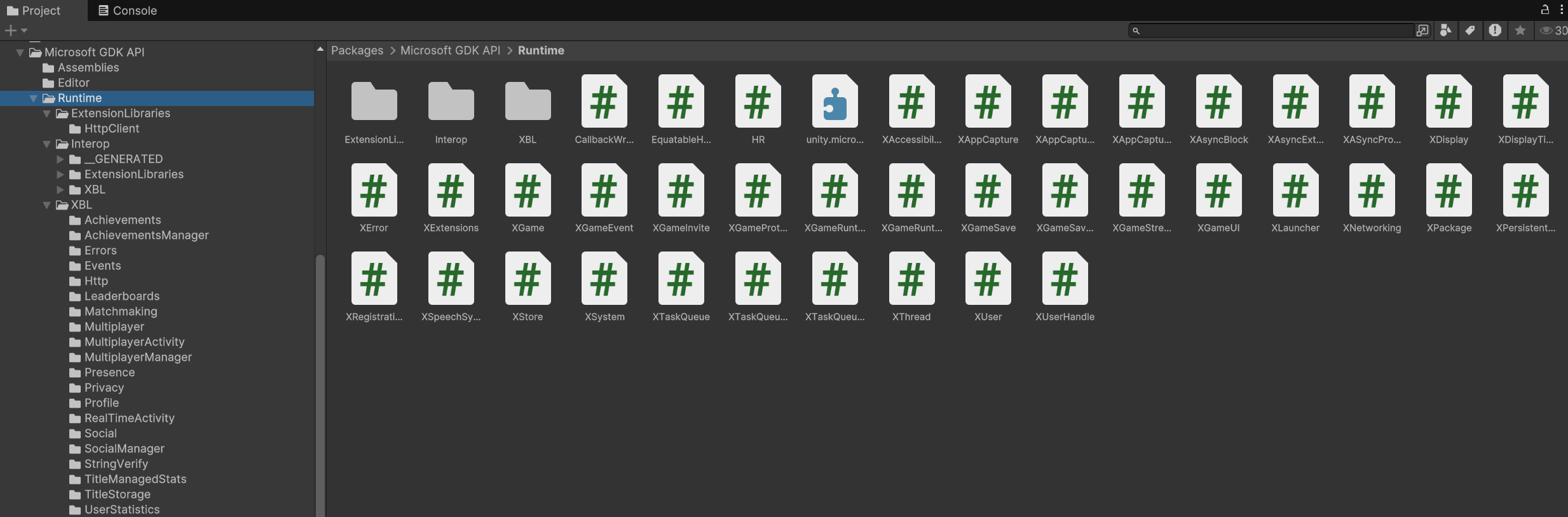 Wrappers C# du package Microsoft GDK API pour Unity dans la fenêtre Packages.