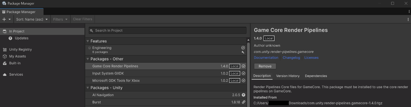 Packages locally installed in a project in Unity 6.