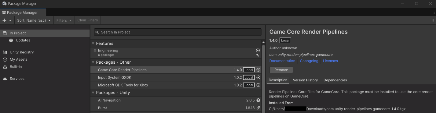 Packages installés localement dans un projet dans Unity 6.