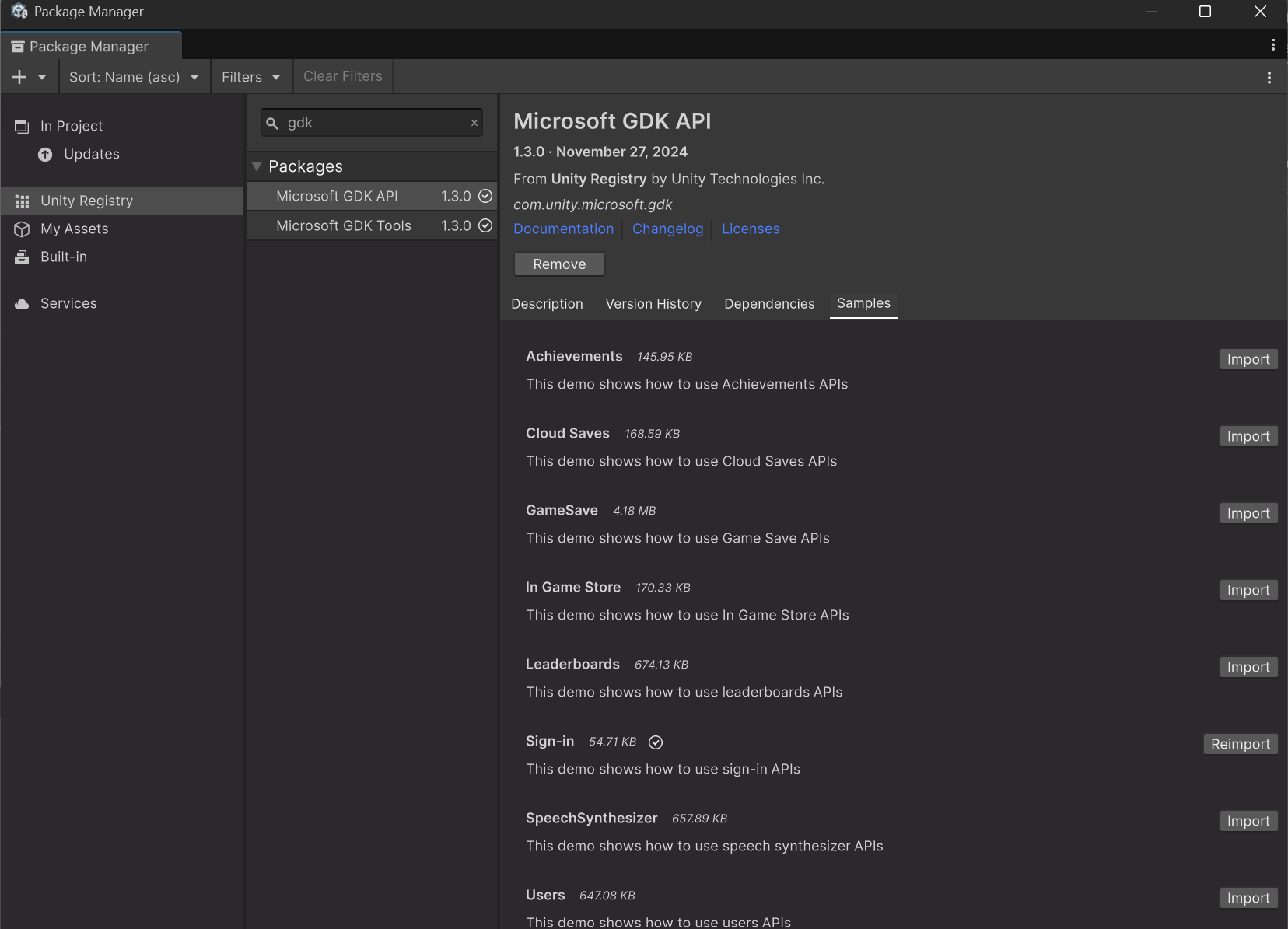 Samples tab within the Microsoft GDK API entry in the Unity registry after being downloaded.