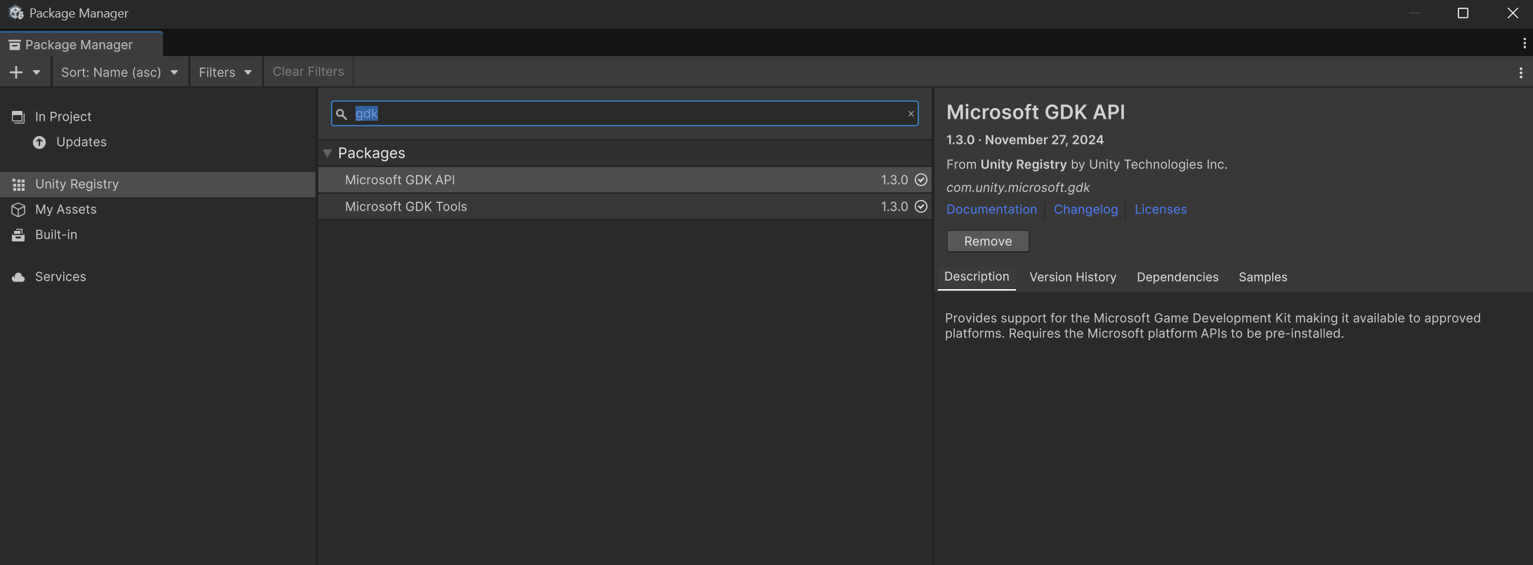 Aperçu de la recherche des packages dans le Unity Registry dans Unity 6.