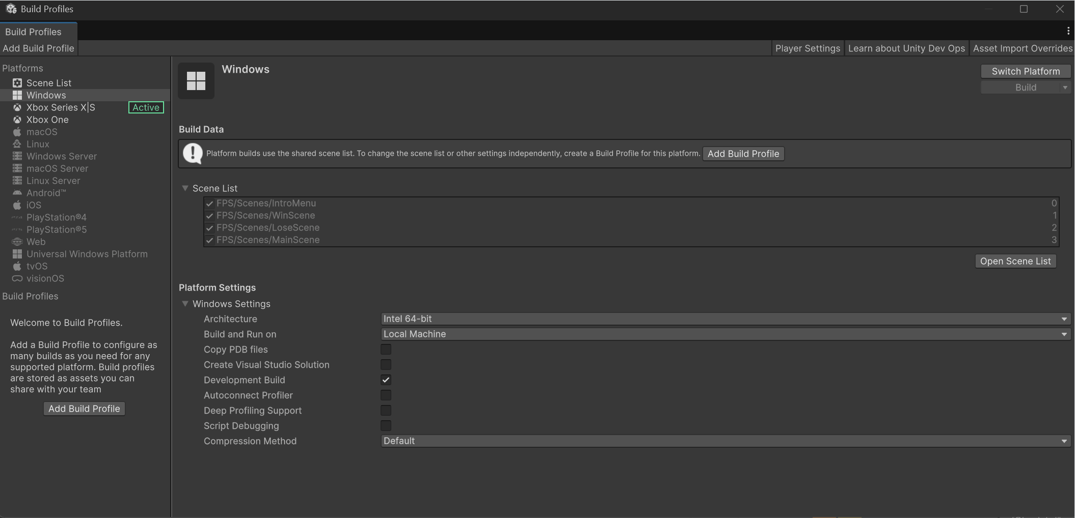 Viewing each platform's build profiles in Unity 6.