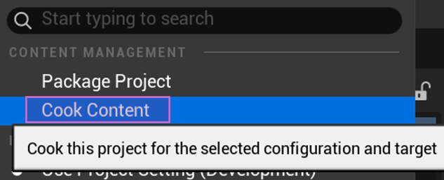Opción Cook en el Unreal Editor.