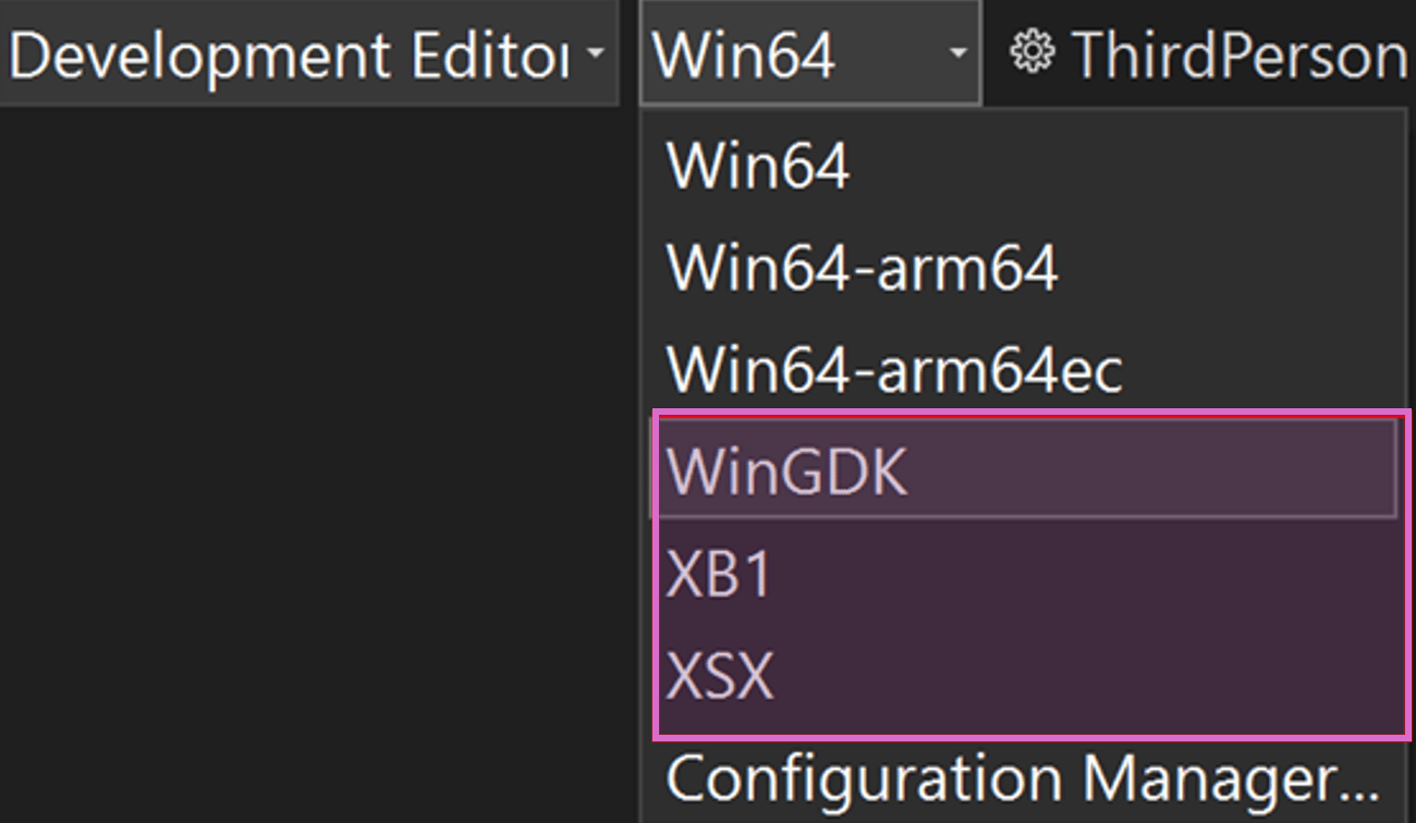 Unreal Engine GDK platforms in Visual Studio IDE.