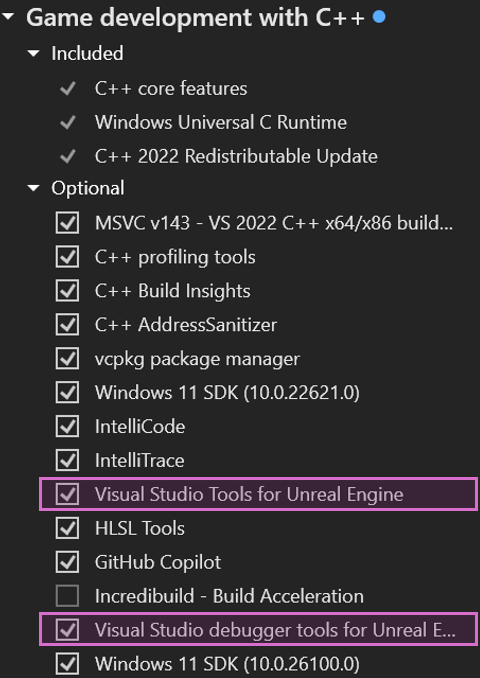 Visual Studio Tools for Unreal Engine en el instalador de Visual Studio.