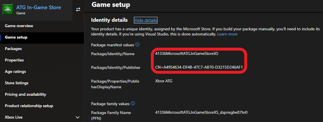 Configuração do jogo > Detalhes de identidade com Package/Identity/Name e Publisher circulados