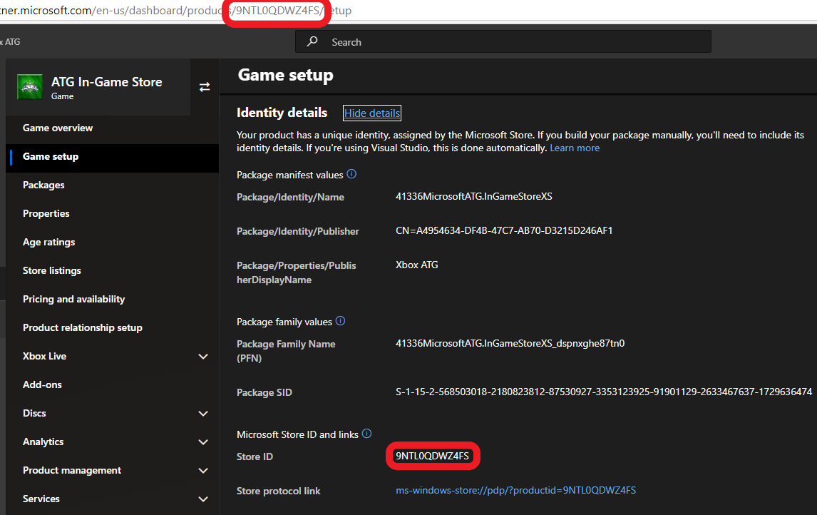 Configuração do jogo > Detalhes de identidade com StoreId circulado na URL e na página