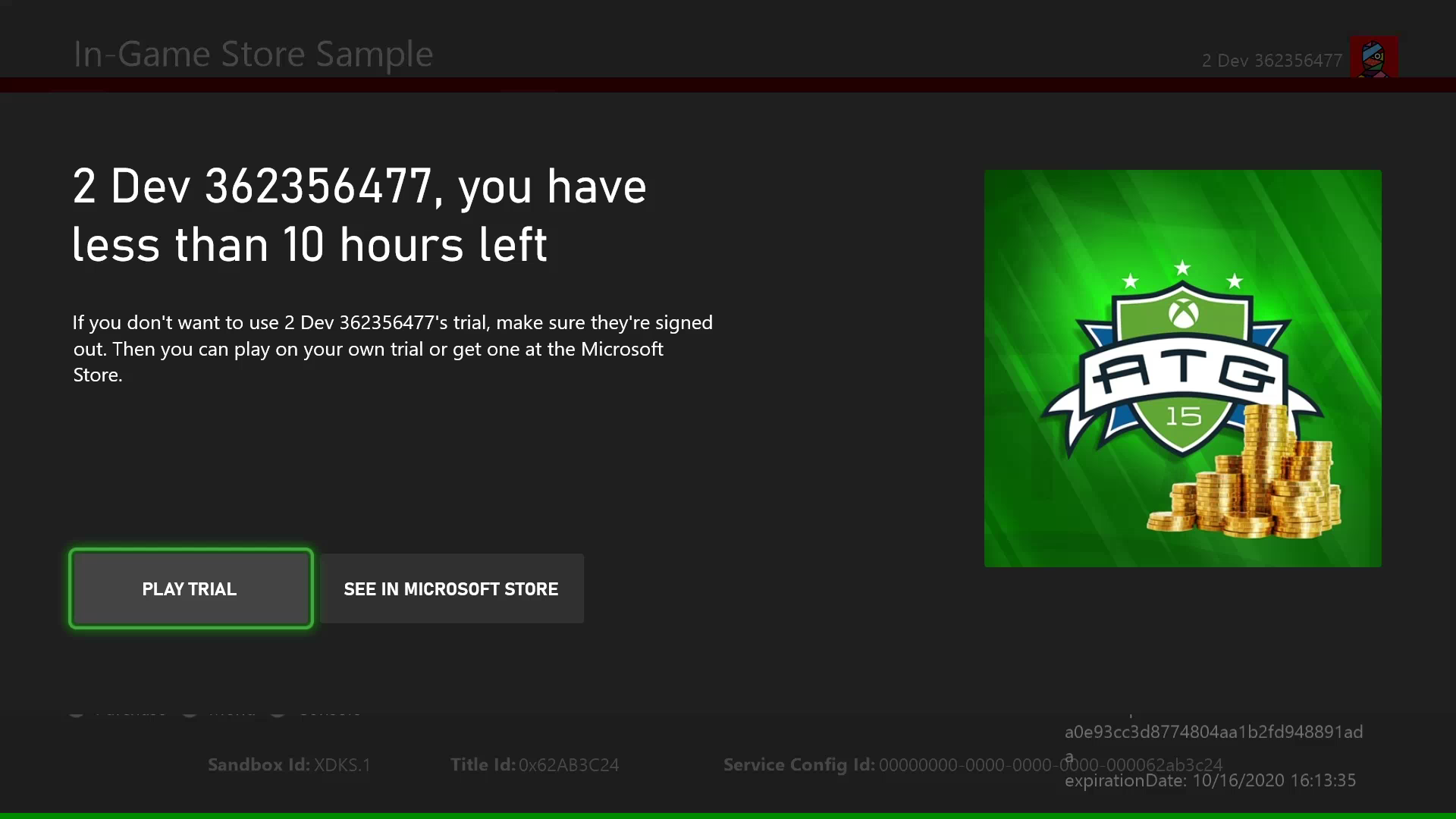 TCUI de versión de prueba limitada por uso: "<Gamertag>, you have less than x hours left"