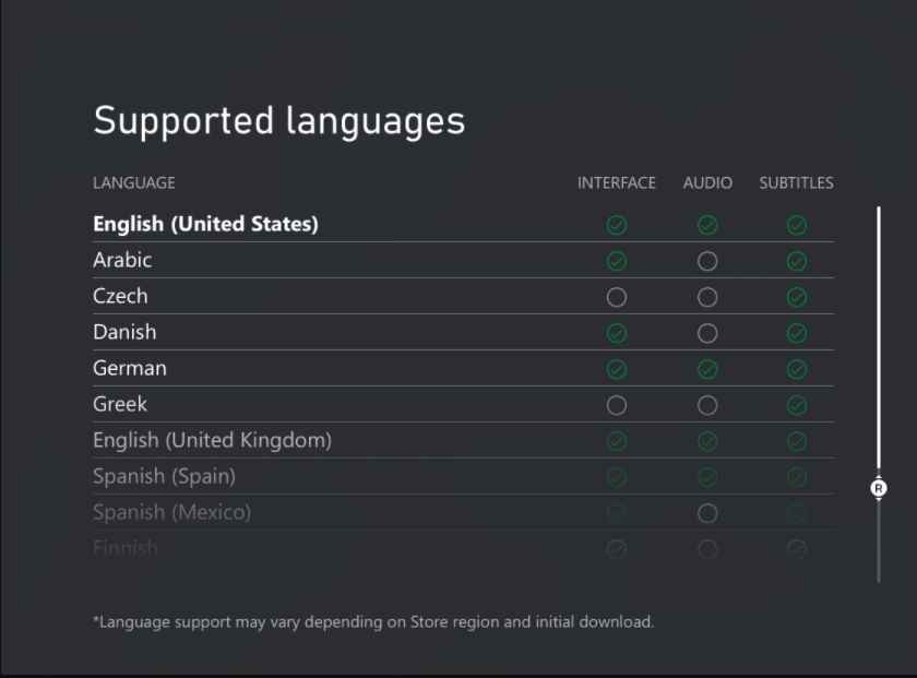 言語サポート情報が本体でどのように表示されるかを示す画像