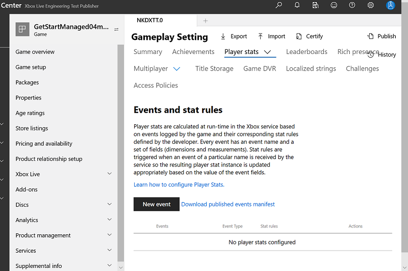 Capture d'écran de la page Events and stat rules dans Partner Center.