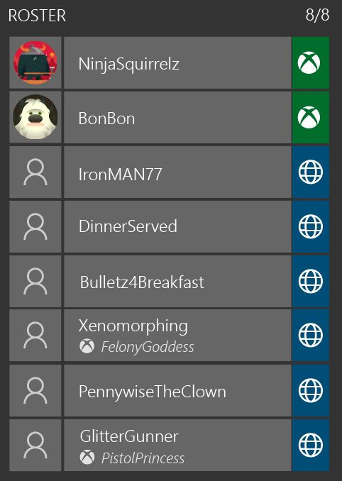 Captura de pantalla que muestra la interfaz de usuario de la lista de jugadores entre redes