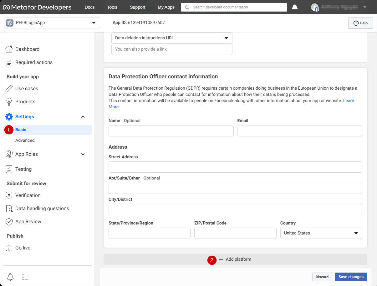 Facebook Application Manager プラットフォームの追加
