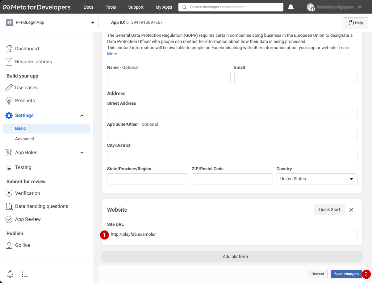Panel de configuración de sitio web de Facebook