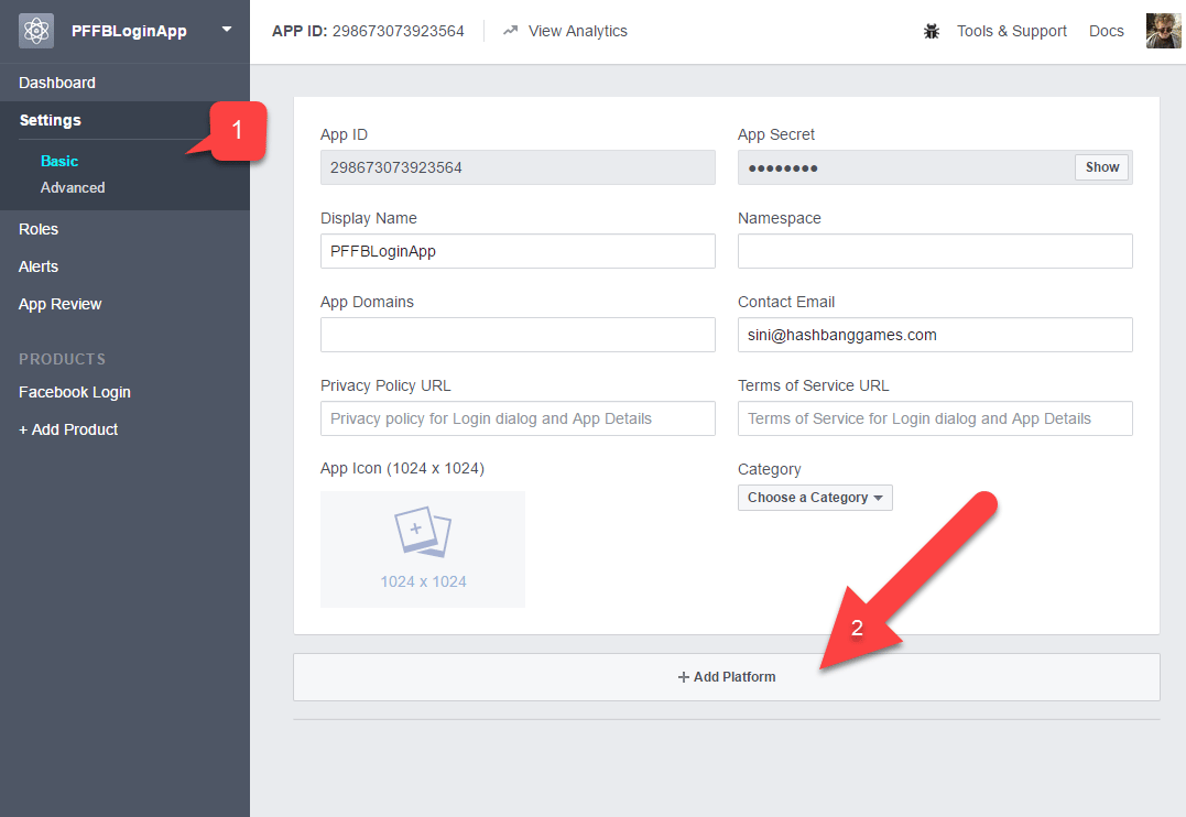 Console d'application Facebook : ajouter une plateforme
