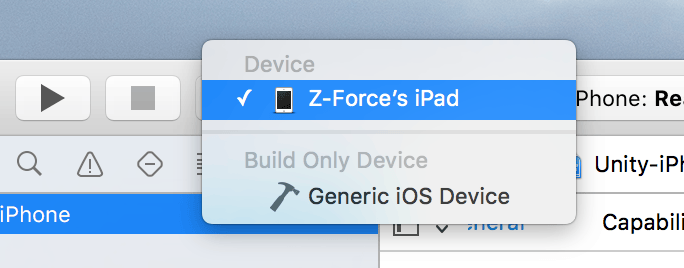 Paramètres du projet iOS : sélectionner l'appareil
