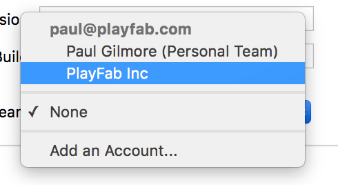 Paramètres du projet iOS : sélectionner l'Identity Team