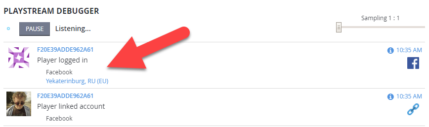Événement d'authentification Facebook dans PlayStream Debugger