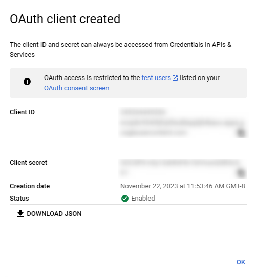 Identificador de cliente de OAuth creado