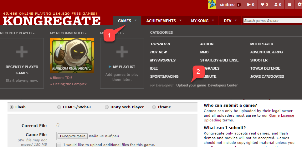 Pestaña Games de Kongregate