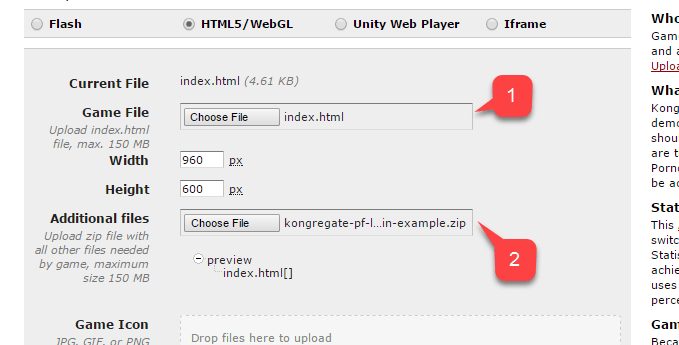 Kongregate アプリケーション アップロード ページ - ファイル追加