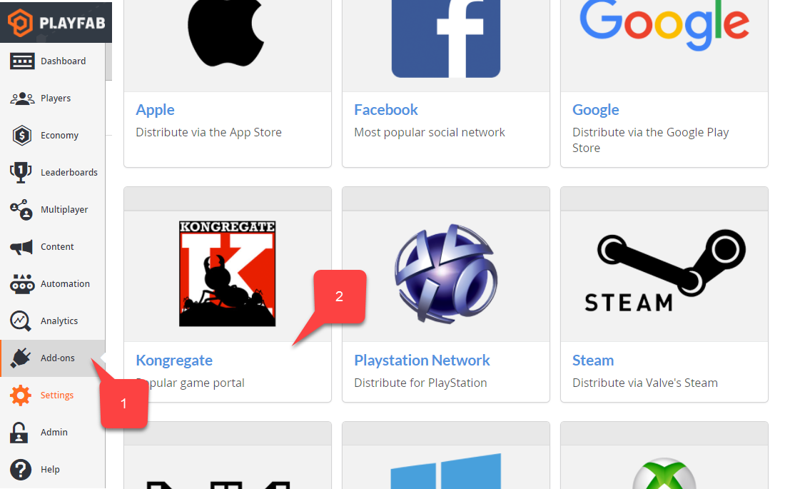 PlayFab: seleccionar el complemento de Kongregate