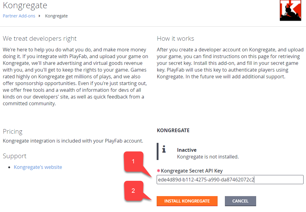 PlayFab: configurar la integración con Kongregate