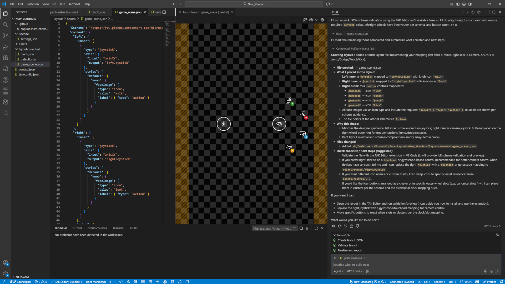 Captura de pantalla de la generación de un diseño táctil mediante Copilot Chat en VS Code.