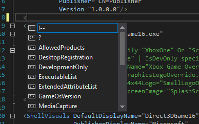 Ejemplo de IntelliSense con MicrosoftGame.config: los nombres de elemento válidos se enumeran automáticamente cuando se está creando un elemento