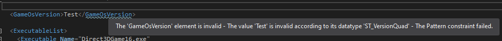 Ejemplo de IntelliSense con MicrosoftGame.config: se muestran advertencias cuando hay un elemento no válido o un valor de elemento no válido