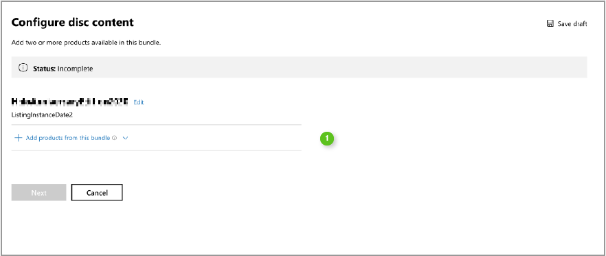 Captura de pantalla de la página Configure disc content para un producto agrupado en Partner Center.