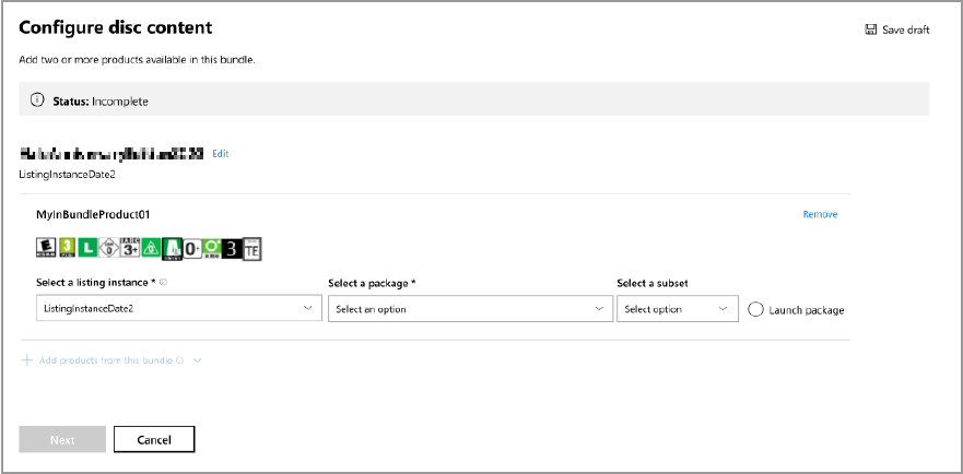 Captura de pantalla de la página Configure disc content en Partner Center.