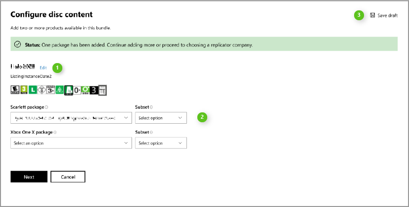 Captura de pantalla de la página Configure disc content para editar la información del producto en Partner Center.