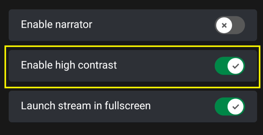 Enabling high contrast mode on the android CTA step 2