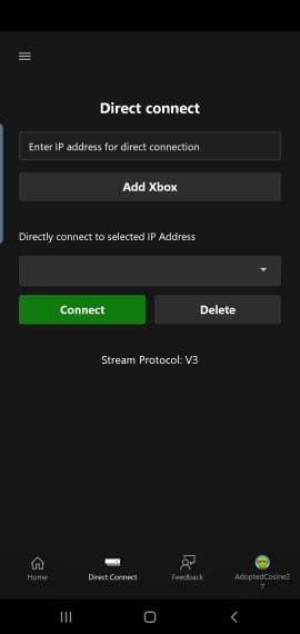 Capture d'écran de l'onglet Direct connect dans la CTA Android