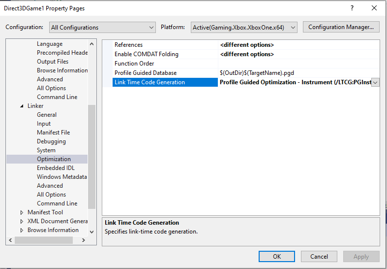 Capture d'écran montrant l'emplacement de la propriété Link Time Code Generation, définie pour créer une build instrumentée