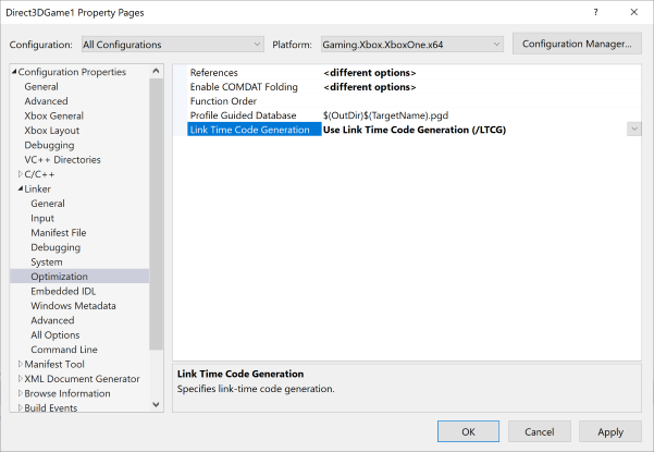 Screenshot that shows the location of the Link Time Code Generation property