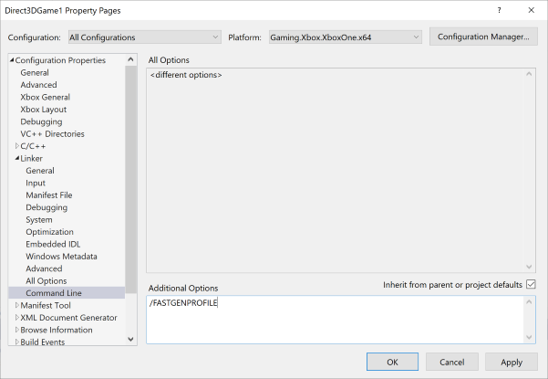 Screenshot that shows the /FASTGENPROFILE linker switch added to the Command Line property page